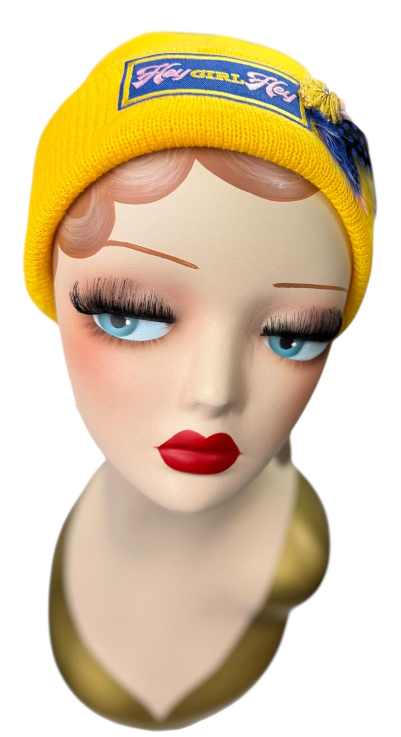 Hello Sunshine Statement “HEY Girl HEY” Patchwork Vintage Jeweled & Feather Embellished Beanie