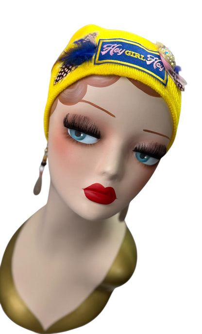 Hello Sunshine Statement “HEY Girl HEY” Patchwork Vintage Jeweled & Feather Embellished Beanie