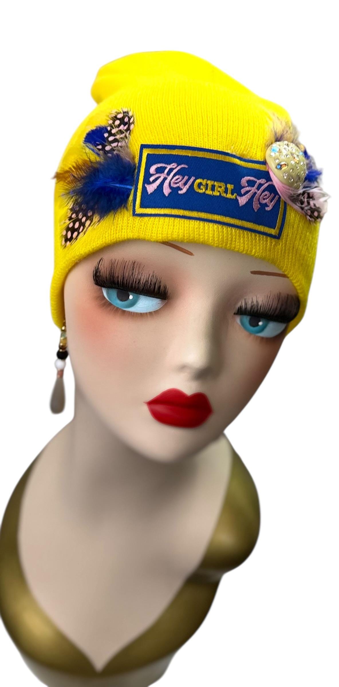 Hello Sunshine Statement “HEY Girl HEY” Patchwork Vintage Jeweled & Feather Embellished Beanie