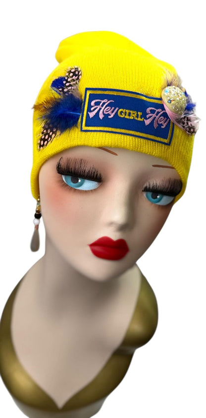 Hello Sunshine Statement “HEY Girl HEY” Patchwork Vintage Jeweled & Feather Embellished Beanie