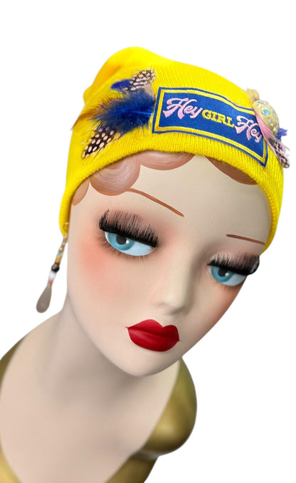 Hello Sunshine Statement “HEY Girl HEY” Patchwork Vintage Jeweled & Feather Embellished Beanie