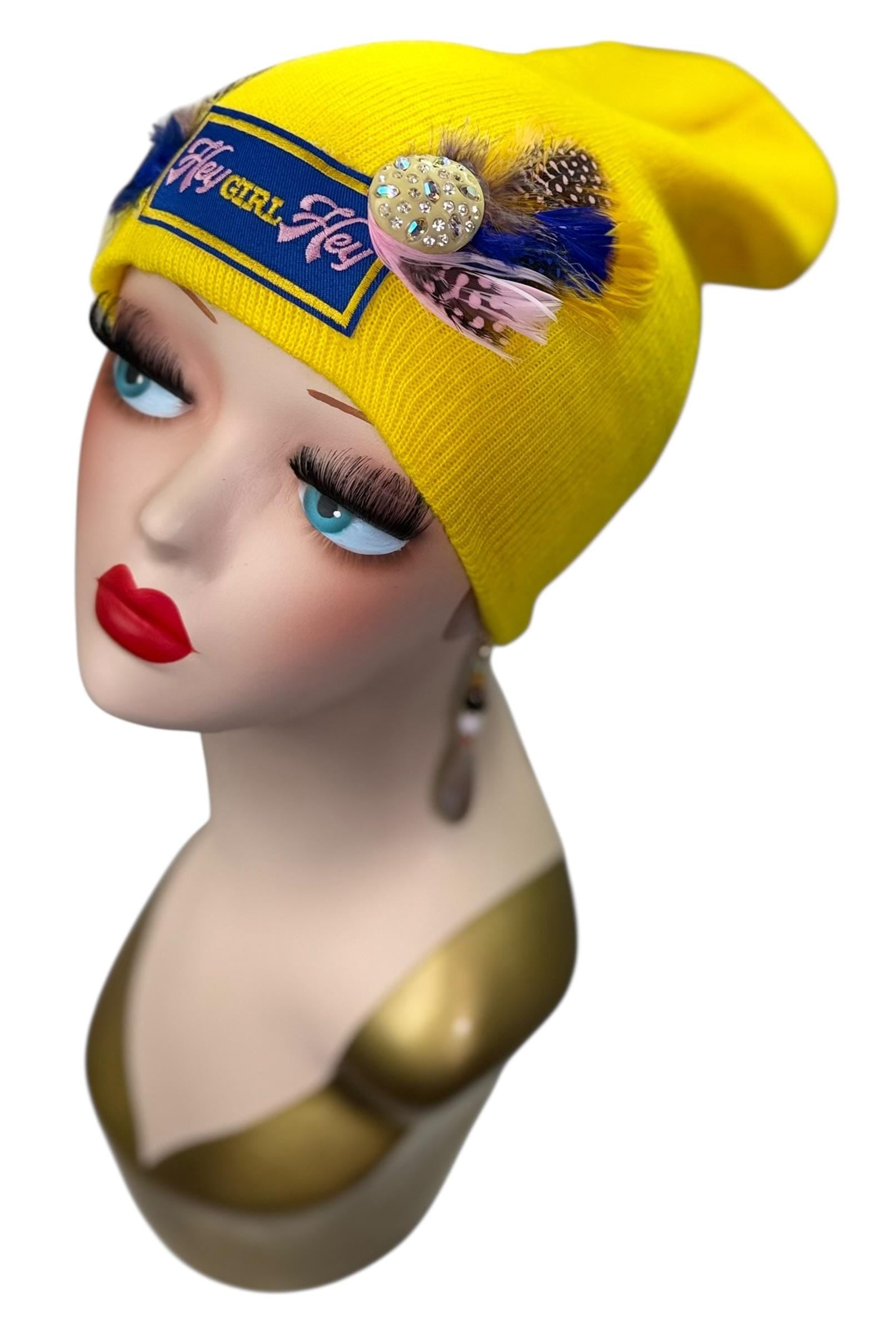 Hello Sunshine Statement “HEY Girl HEY” Patchwork Vintage Jeweled & Feather Embellished Beanie