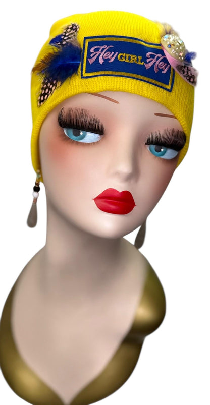 Hello Sunshine Statement “HEY Girl HEY” Patchwork Vintage Jeweled & Feather Embellished Beanie