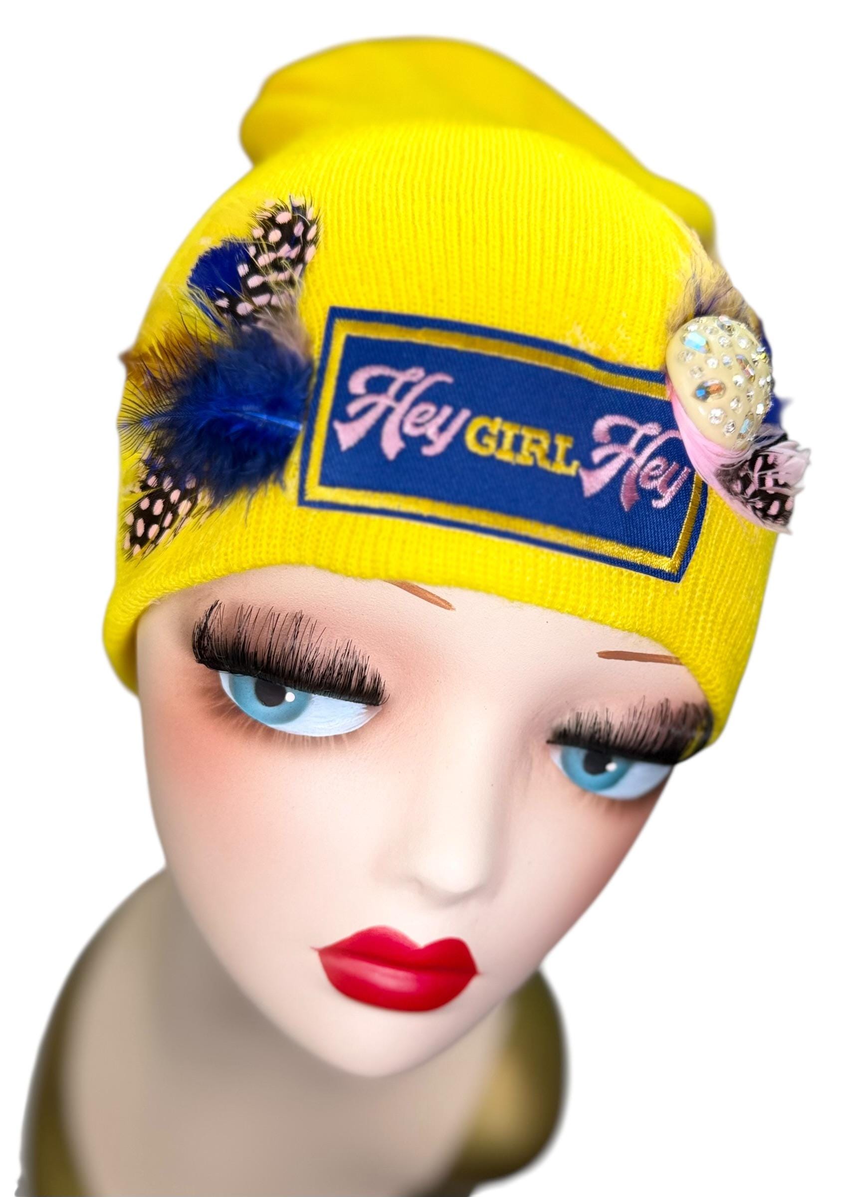 Hello Sunshine Statement “HEY Girl HEY” Patchwork Vintage Jeweled & Feather Embellished Beanie
