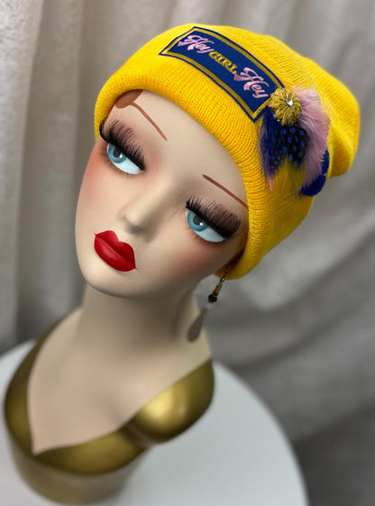Hello Sunshine Statement “HEY Girl HEY” Patchwork Vintage Jeweled & Feather Embellished Beanie