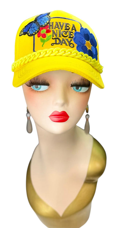 Playful Statement Patchwork “Have A Nice Day” Accessory Chain Trucker Hat