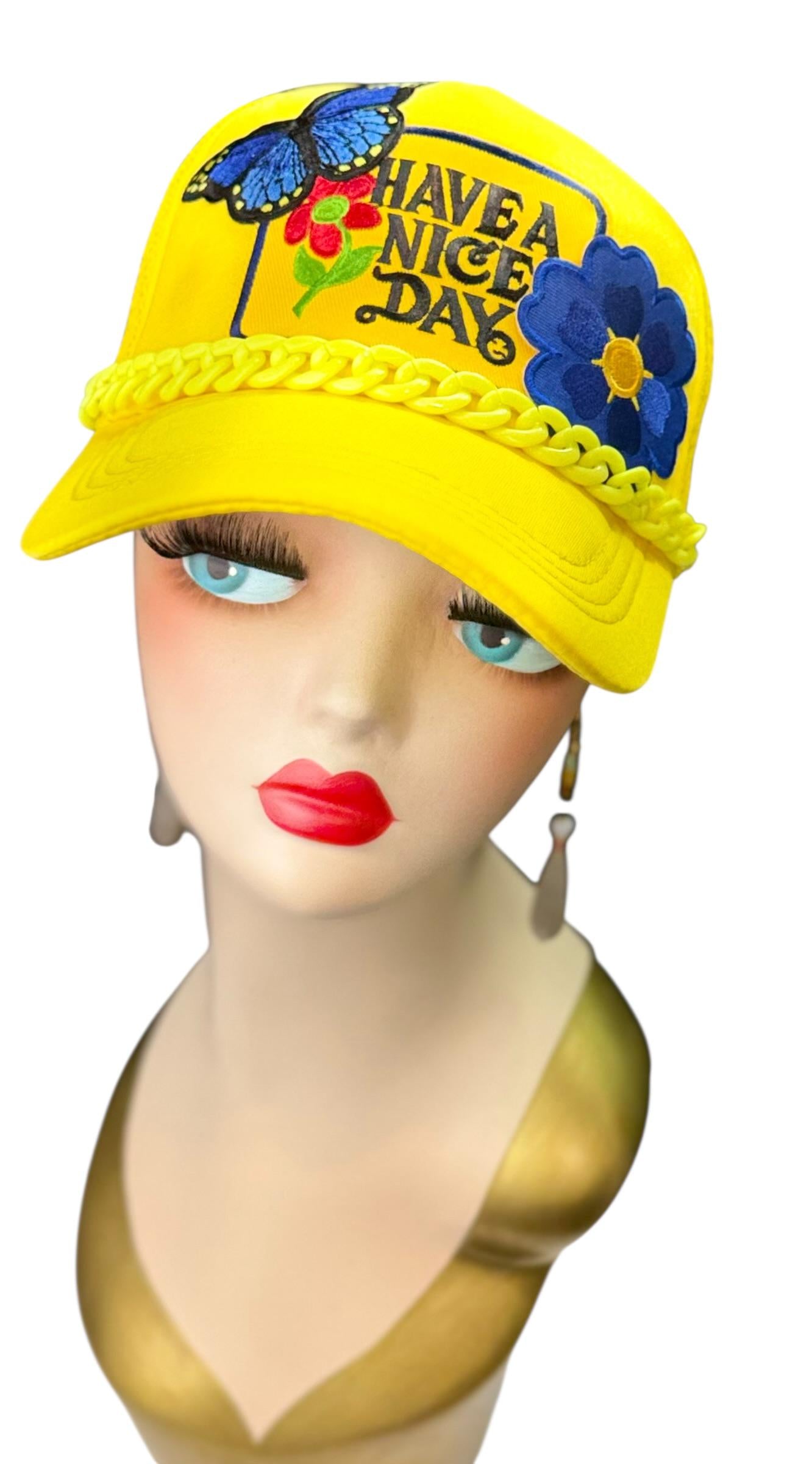 Playful Statement Patchwork “Have A Nice Day” Accessory Chain Trucker Hat