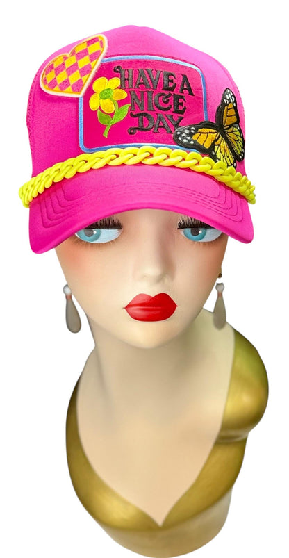 Playful Statement Patchwork “Have A Nice Day” Accessory Chain Trucker Hat