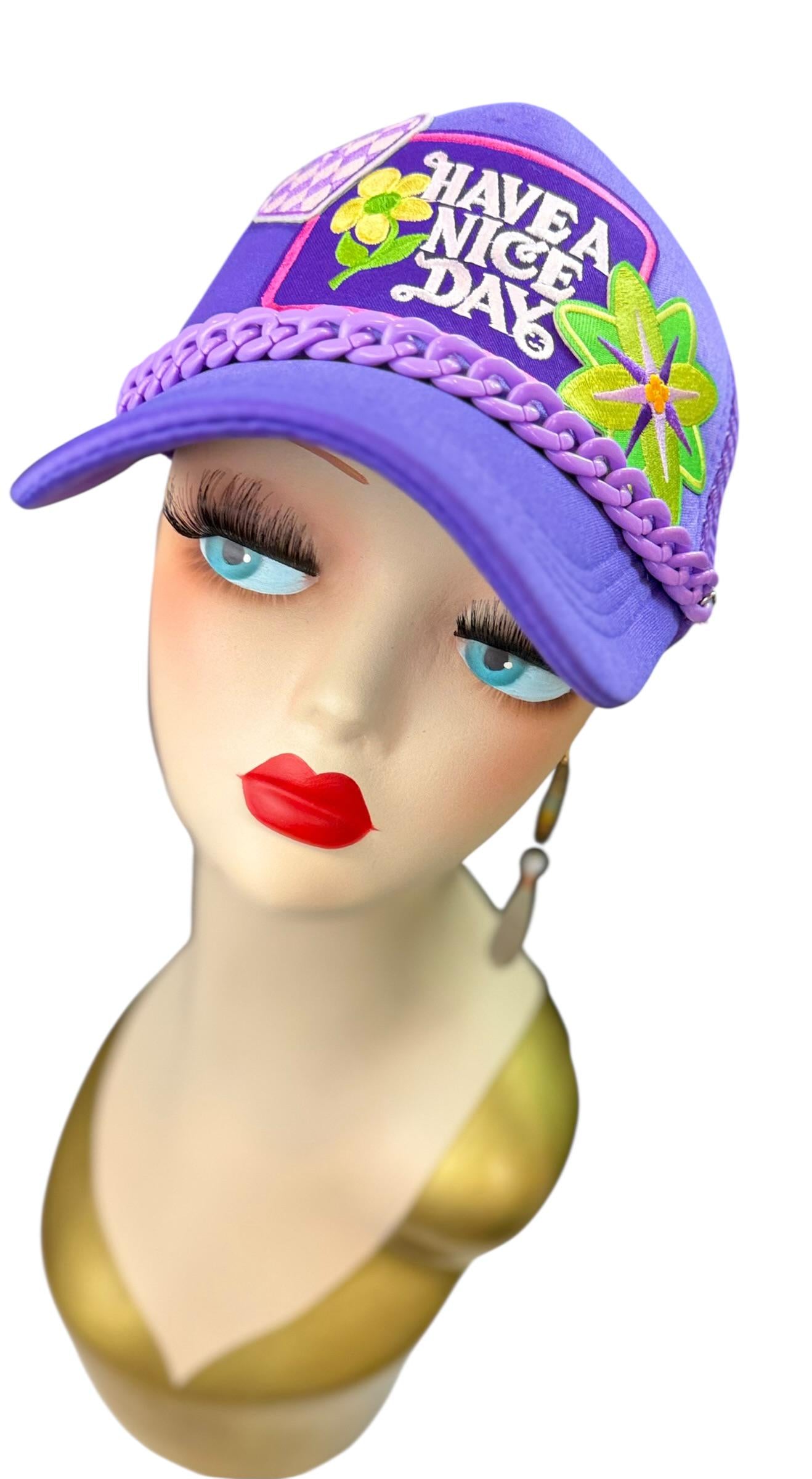 Playful Statement Patchwork “Have A Nice Day” Accessory Chain Trucker Hat