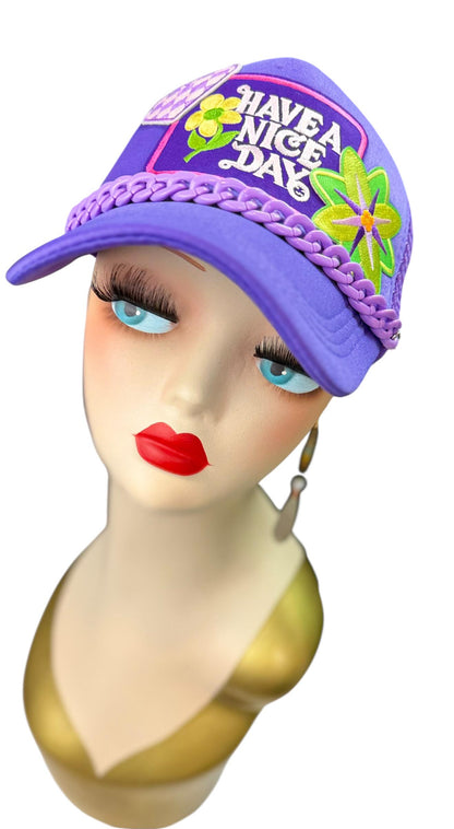 Playful Statement Patchwork “Have A Nice Day” Accessory Chain Trucker Hat
