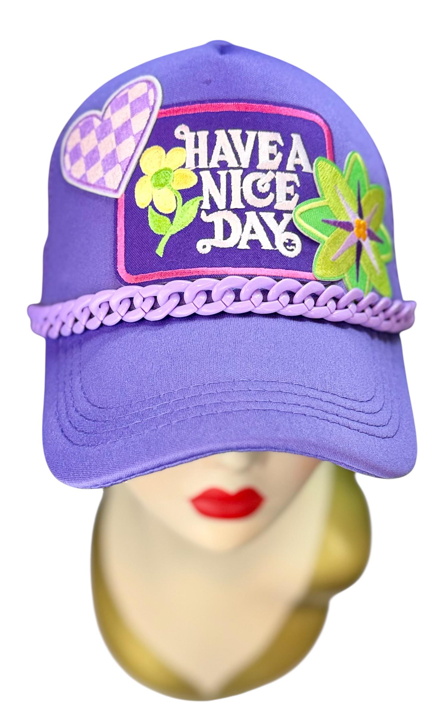 Playful Statement Patchwork “Have A Nice Day” Accessory Chain Trucker Hat