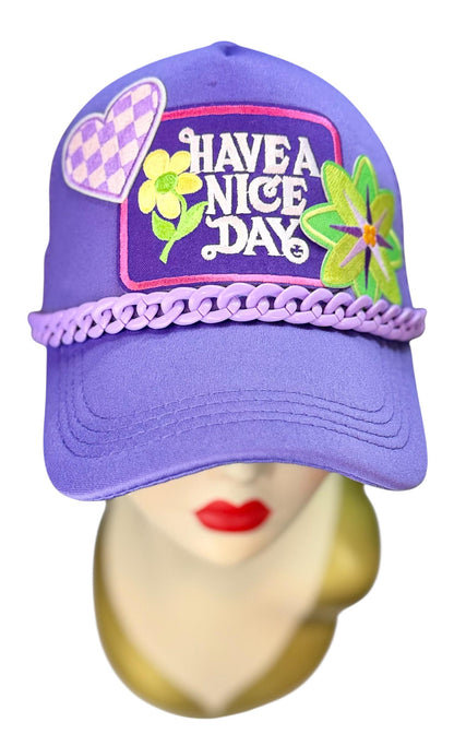 Playful Statement Patchwork “Have A Nice Day” Accessory Chain Trucker Hat