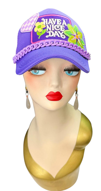 Playful Statement Patchwork “Have A Nice Day” Accessory Chain Trucker Hat
