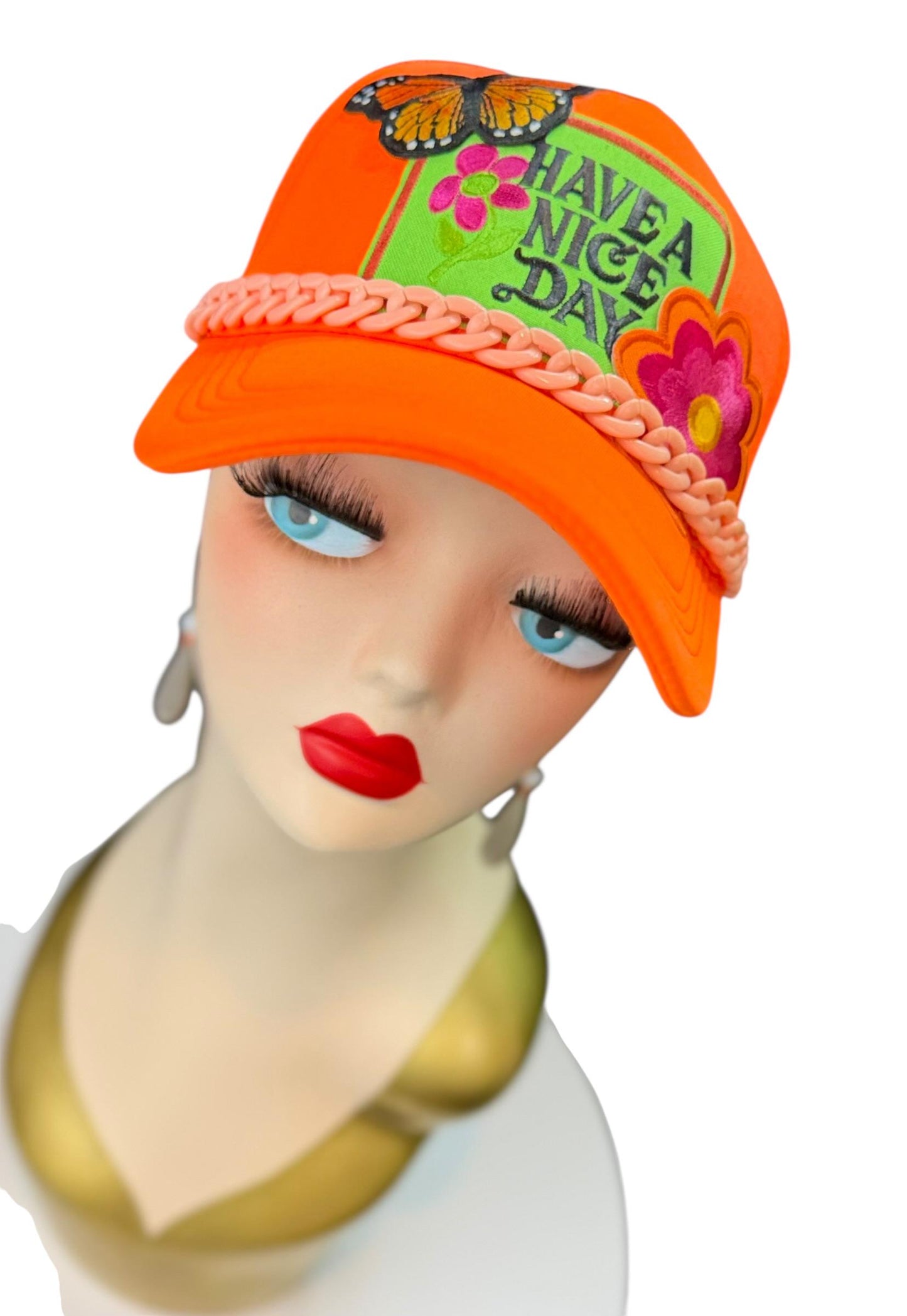 Playful Statement Patchwork “Have A Nice Day” Accessory Chain Trucker Hat
