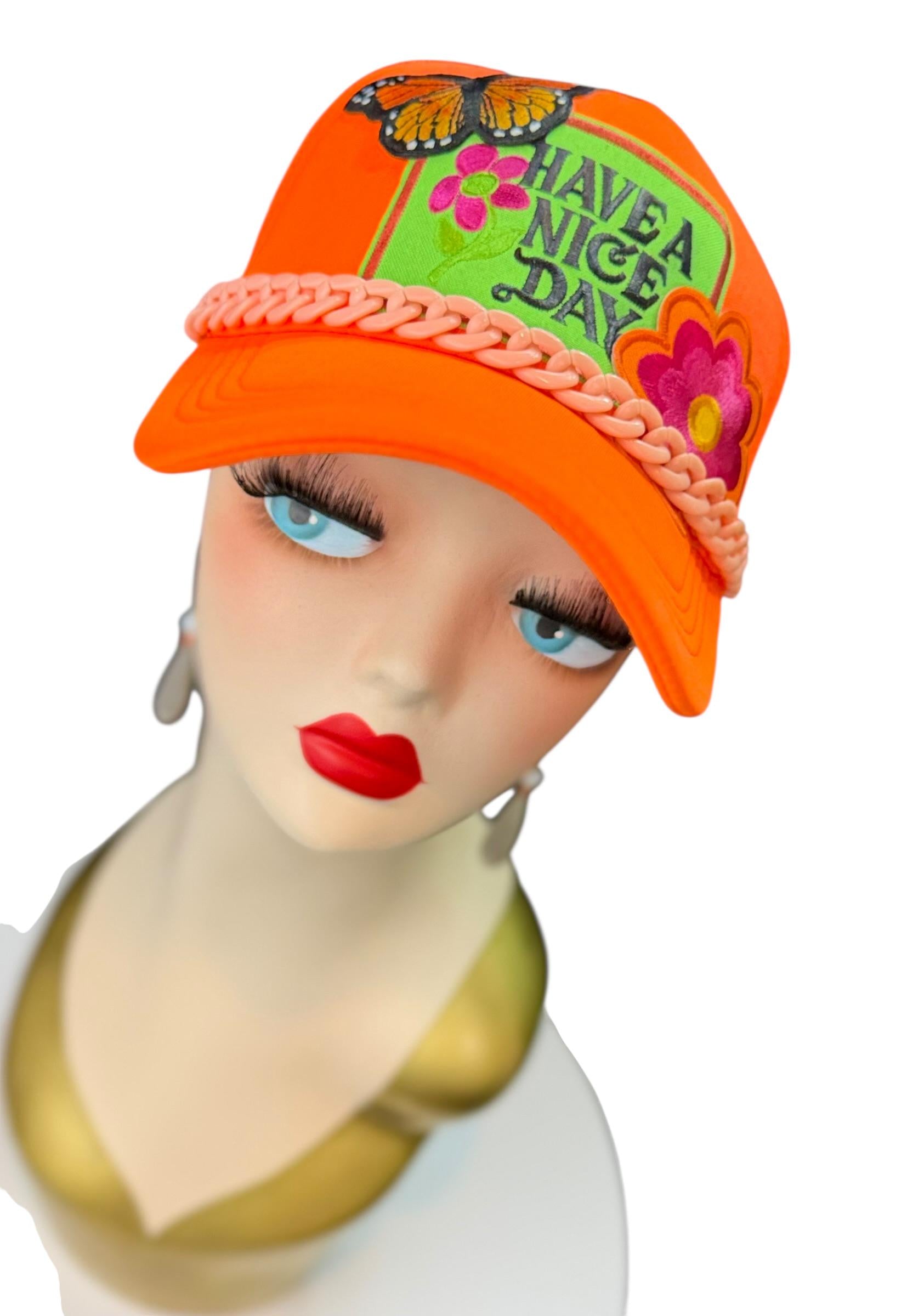 Playful Statement Patchwork “Have A Nice Day” Accessory Chain Trucker Hat