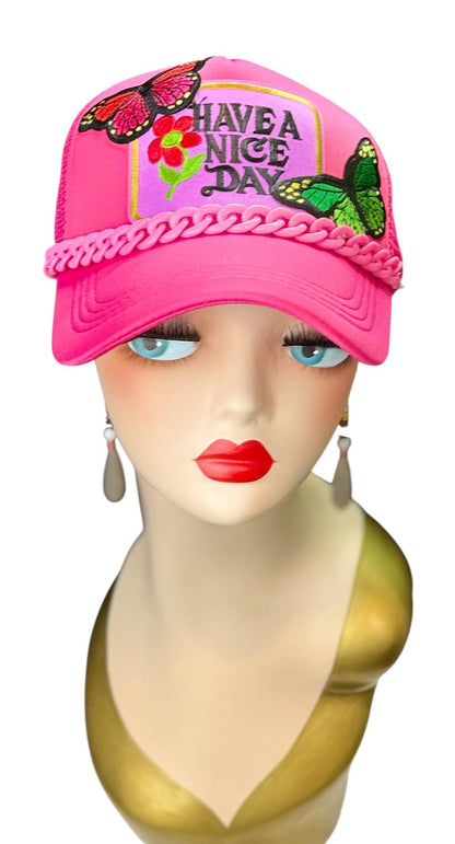 Playful Statement Patchwork “Have A Nice Day” Accessory Chain Trucker Hat
