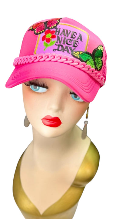 Playful Statement Patchwork “Have A Nice Day” Accessory Chain Trucker Hat