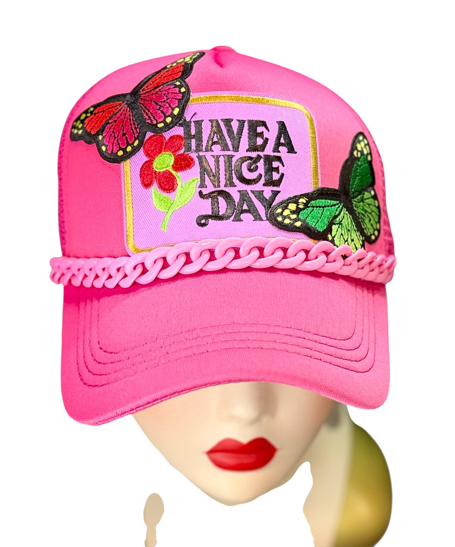 Playful Statement Patchwork “Have A Nice Day” Accessory Chain Trucker Hat