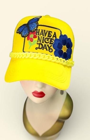 Playful Statement Patchwork “Have A Nice Day” Accessory Chain Trucker Hat
