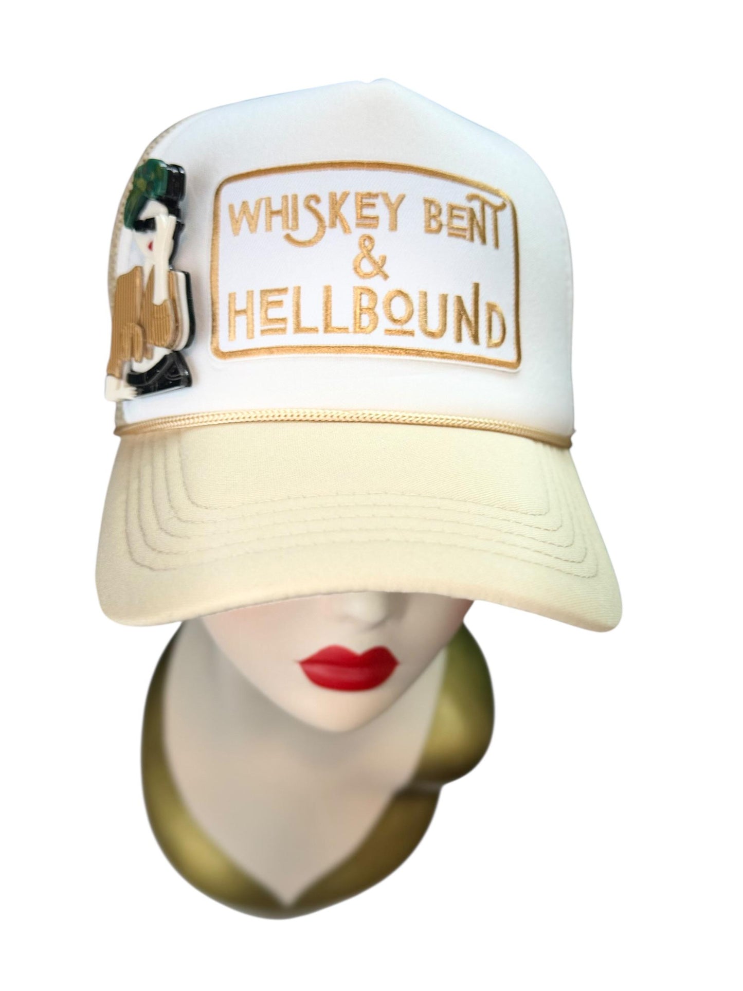 Whiskey Bent & HellBound Statement Patchwork Trucker Hat with Brooch Pin
