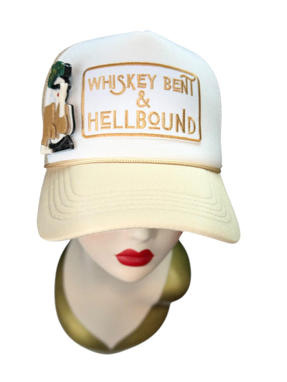 Whiskey Bent & HellBound Statement Patchwork Trucker Hat with Brooch Pin