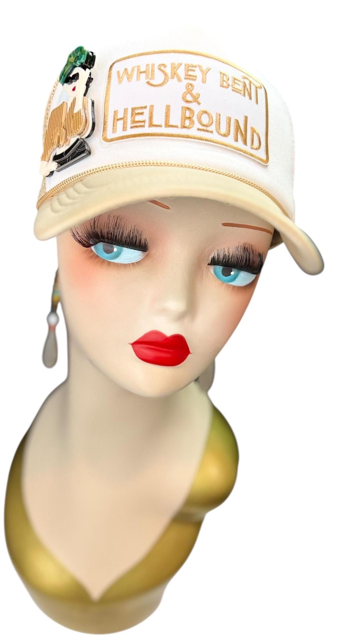 Whiskey Bent & HellBound Statement Patchwork Trucker Hat with Brooch Pin