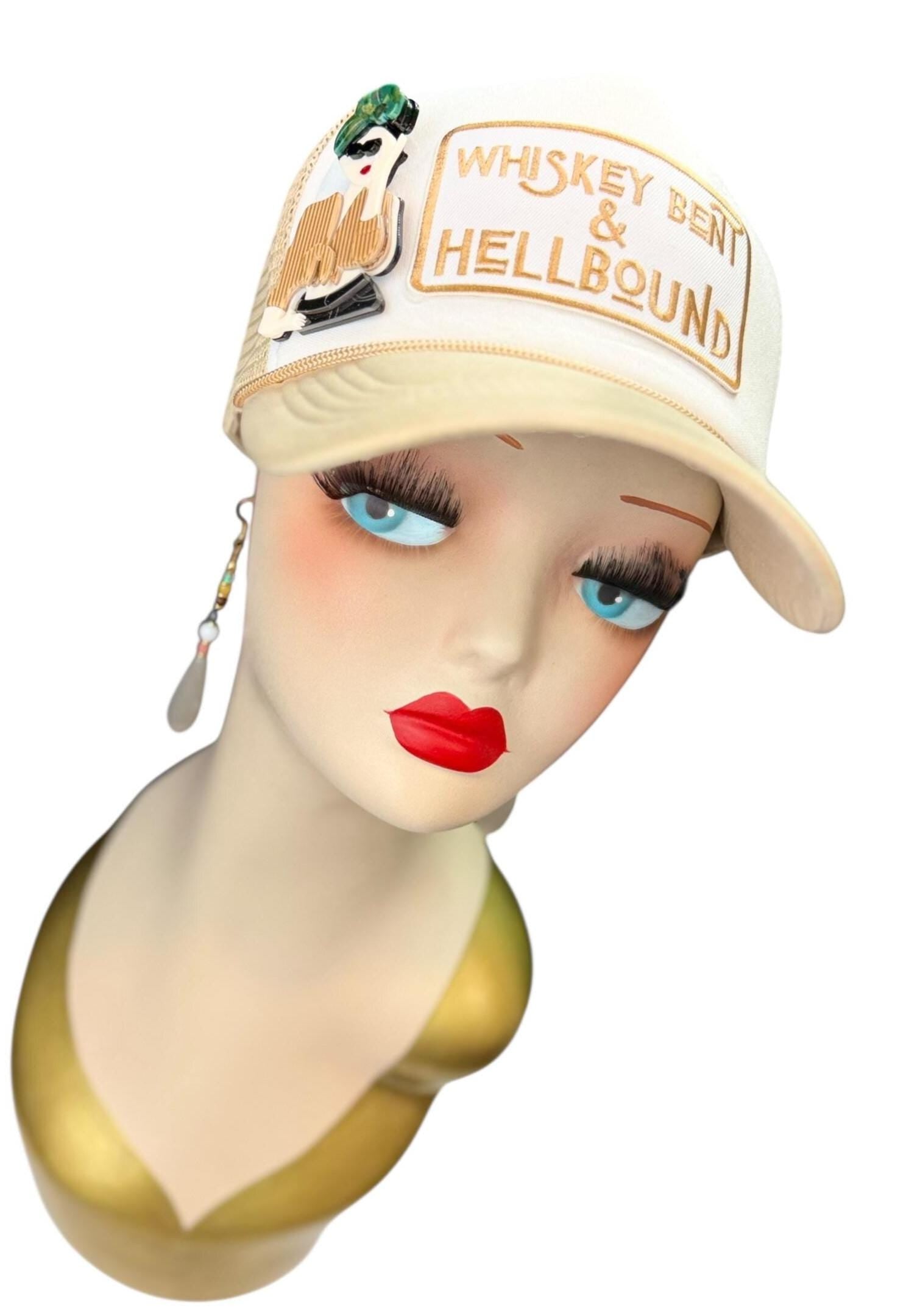 Whiskey Bent & HellBound Statement Patchwork Trucker Hat with Brooch Pin