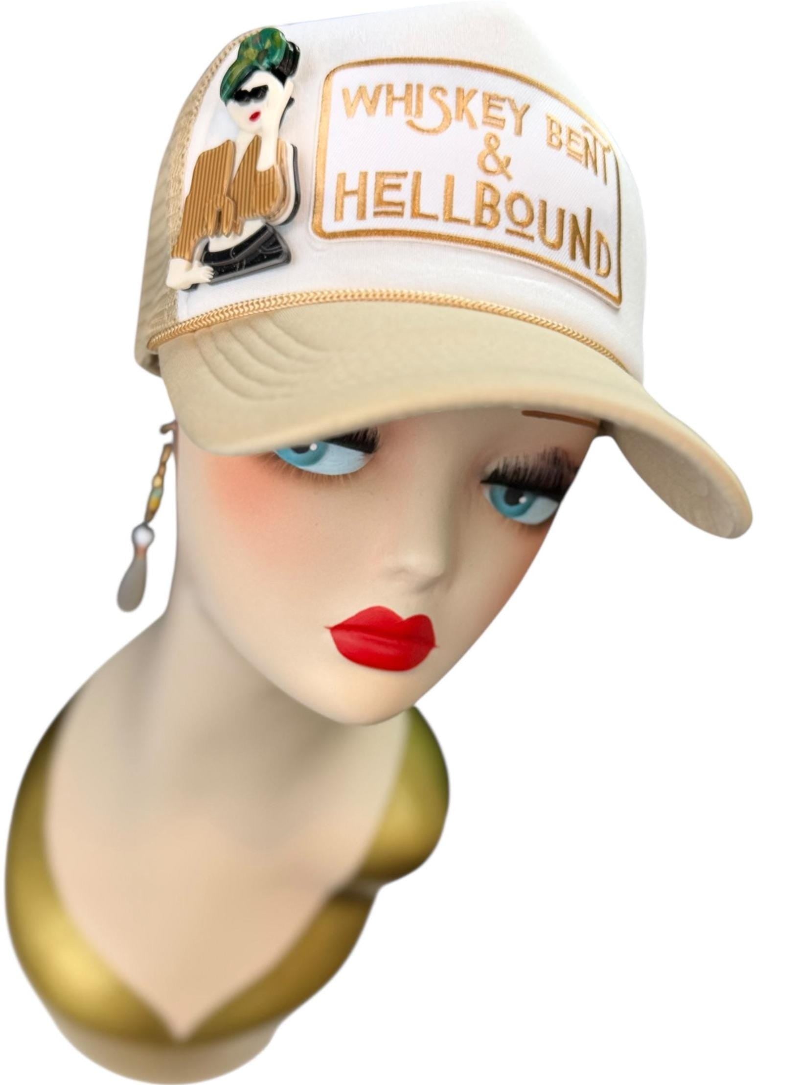 Whiskey Bent & HellBound Statement Patchwork Trucker Hat with Brooch Pin