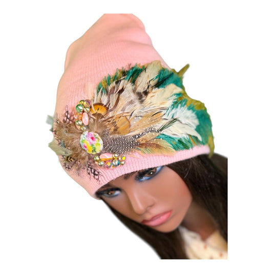 Butterfly Inspired Feathered Jeweled Knit Hat - Sparkly Winter Flapper Beanie