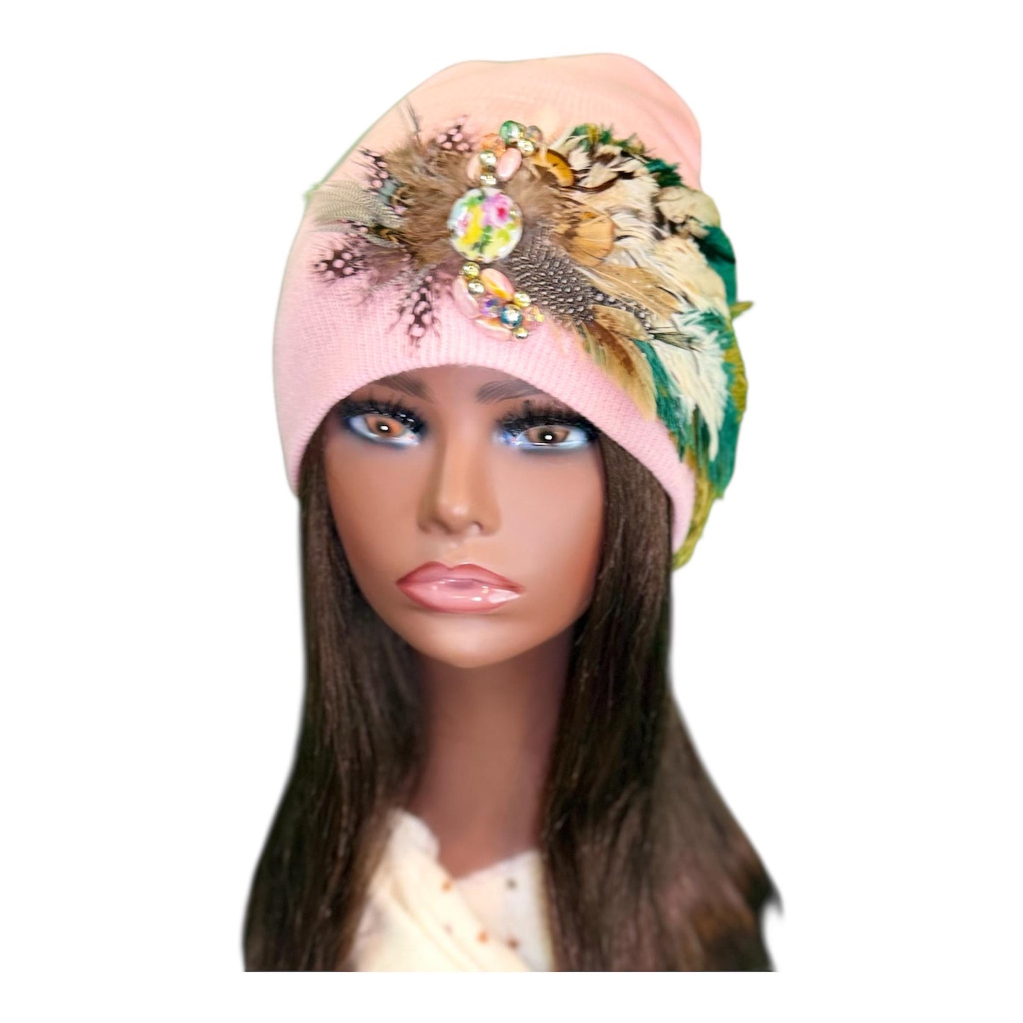 Butterfly Inspired Feathered Jeweled Knit Hat - Sparkly Winter Flapper Beanie