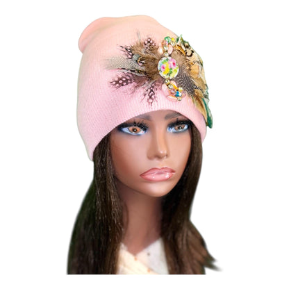 Butterfly Inspired Feathered Jeweled Knit Hat - Sparkly Winter Flapper Beanie