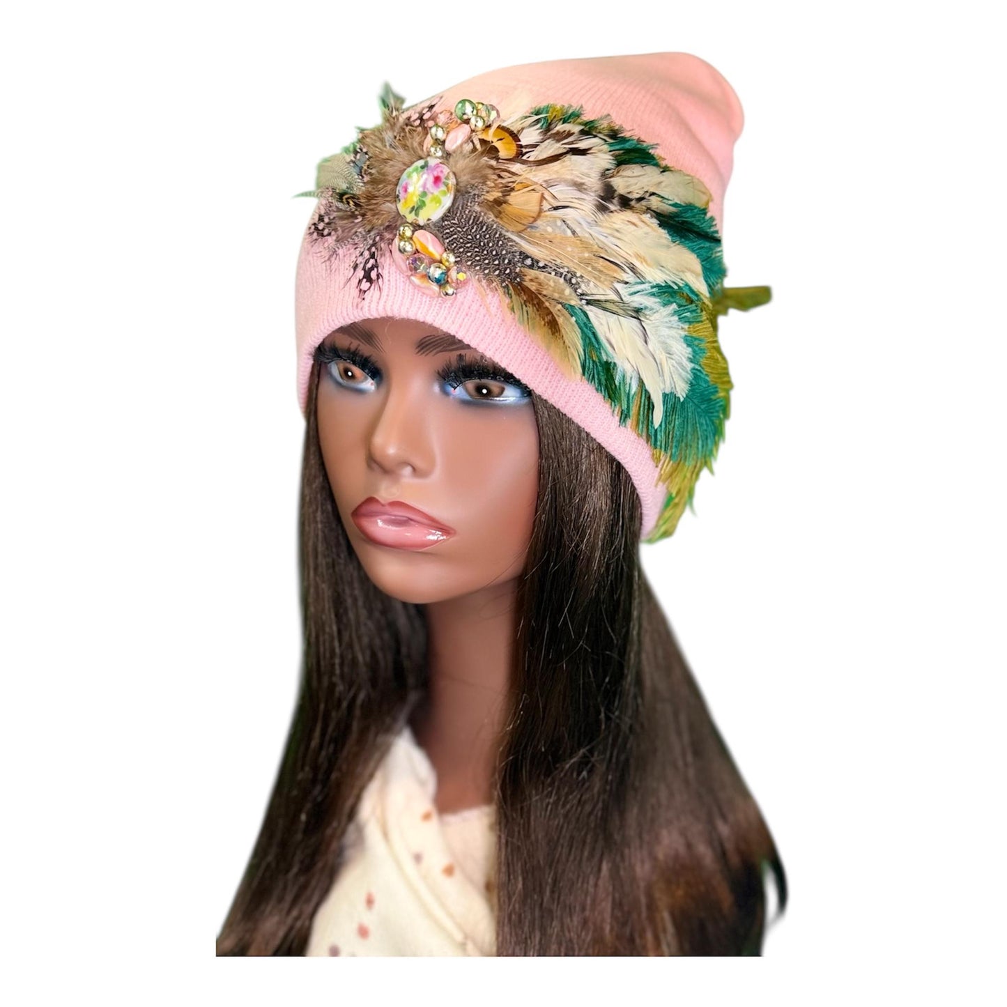 Butterfly Inspired Feathered Jeweled Knit Hat - Sparkly Winter Flapper Beanie