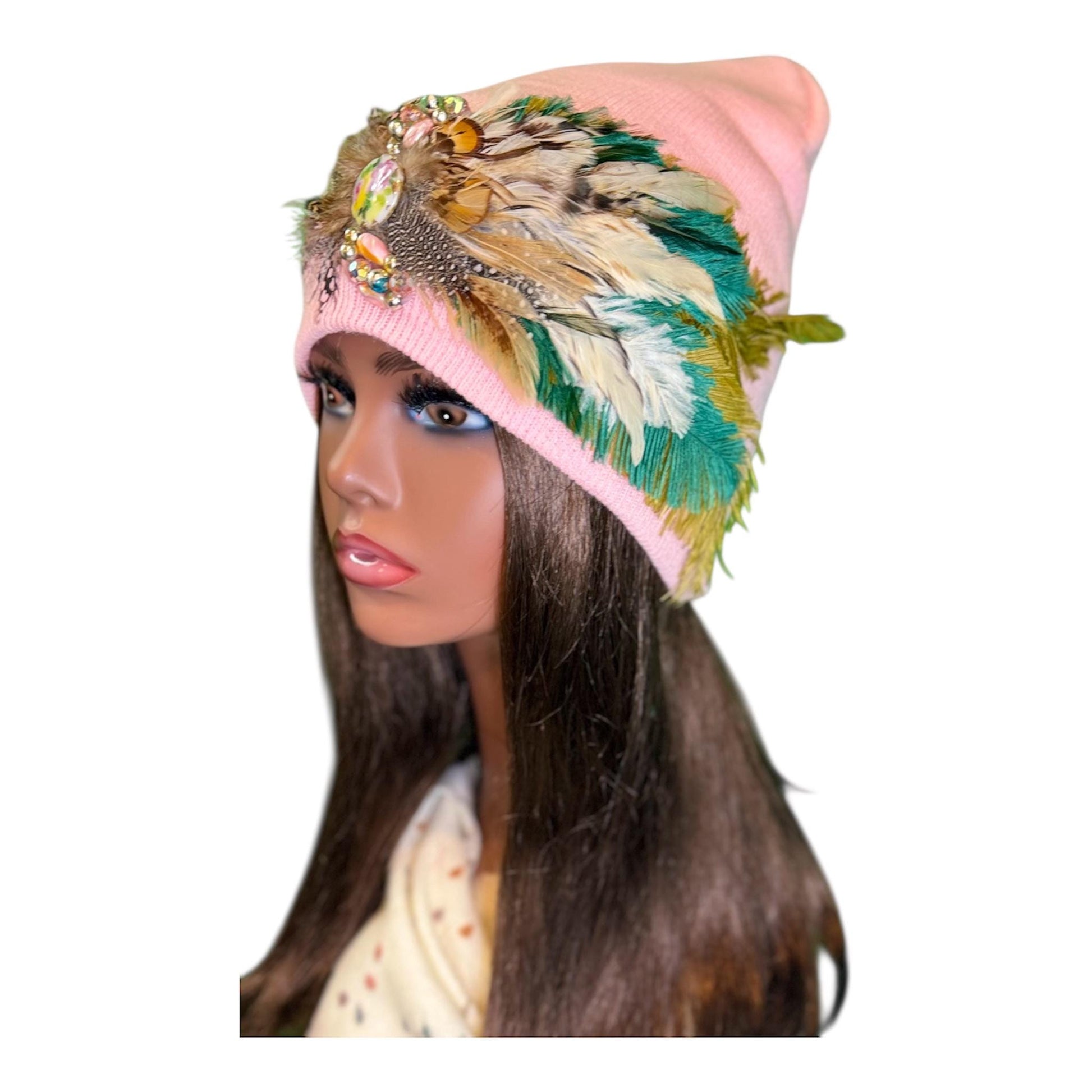 Butterfly Inspired Feathered Jeweled Knit Hat - Sparkly Winter Flapper Beanie