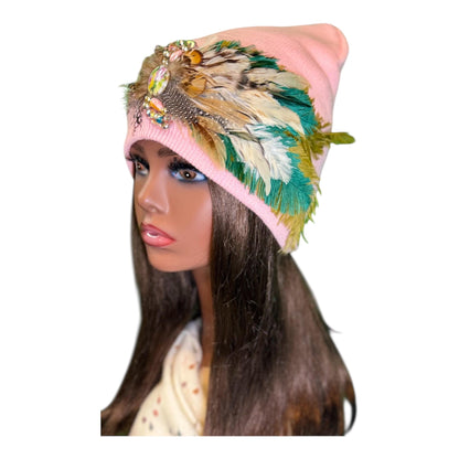 Butterfly Inspired Feathered Jeweled Knit Hat - Sparkly Winter Flapper Beanie