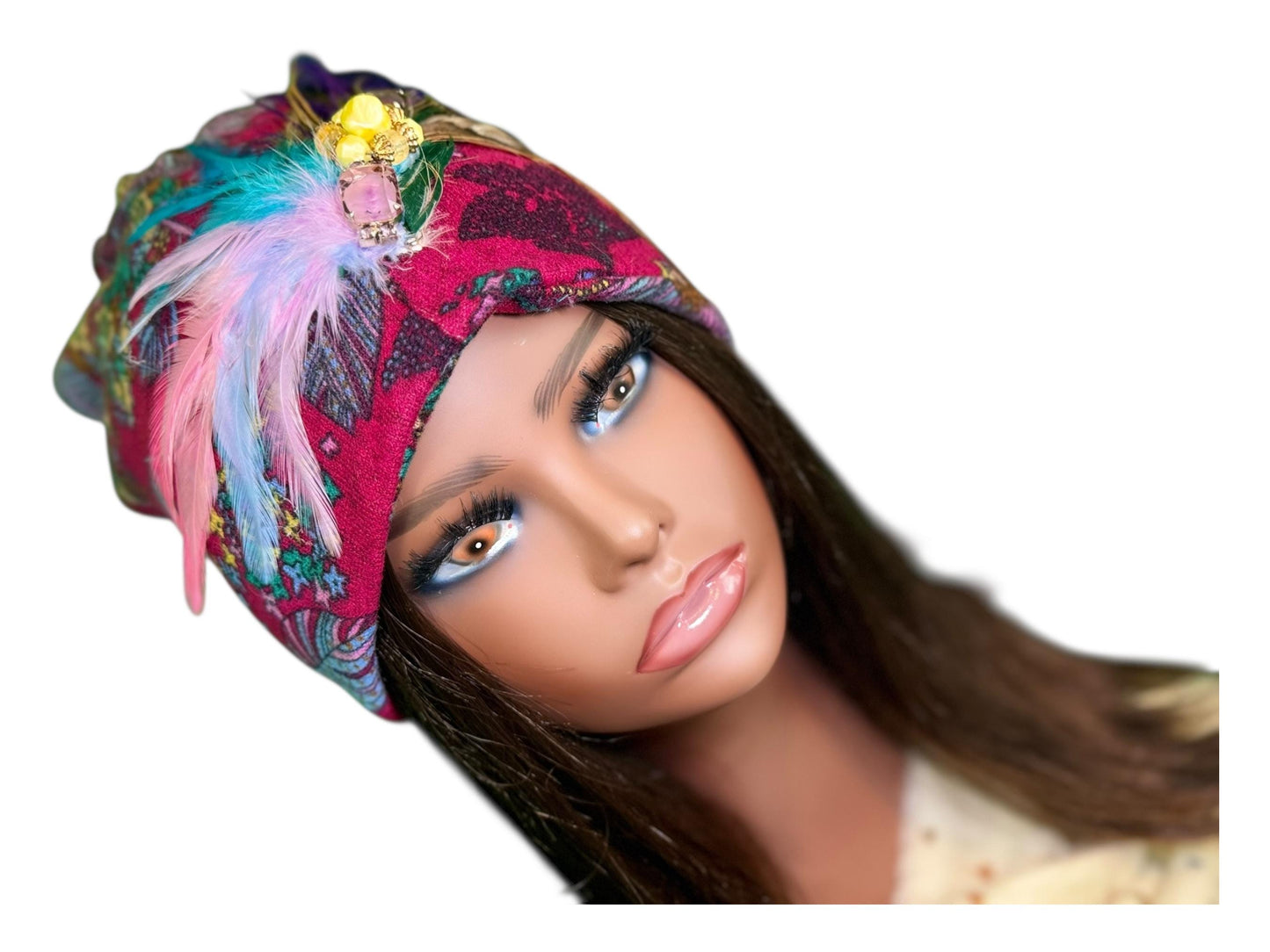 Statement Flower Flapper Jeweled Designer Feathered Winter Knit Hat