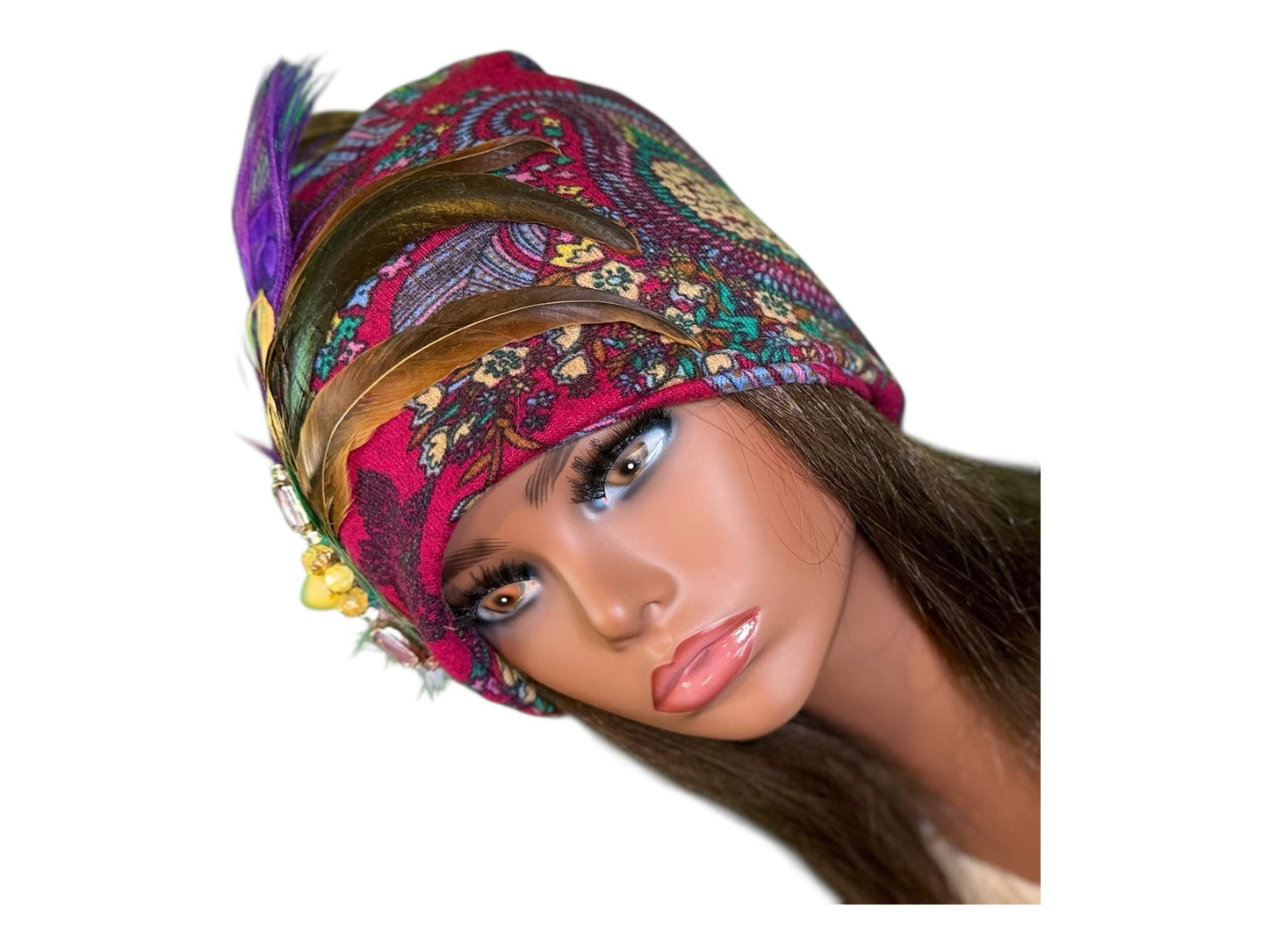 Statement Flower Flapper Jeweled Designer Feathered Winter Knit Hat