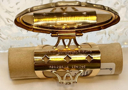 Rare Gold Enamel Floral Heart Filigree Detailed Vintage Lip Balm Mirror Ring
