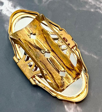 Rare Gold Enamel Floral Heart Filigree Detailed Vintage Lip Balm Mirror Ring