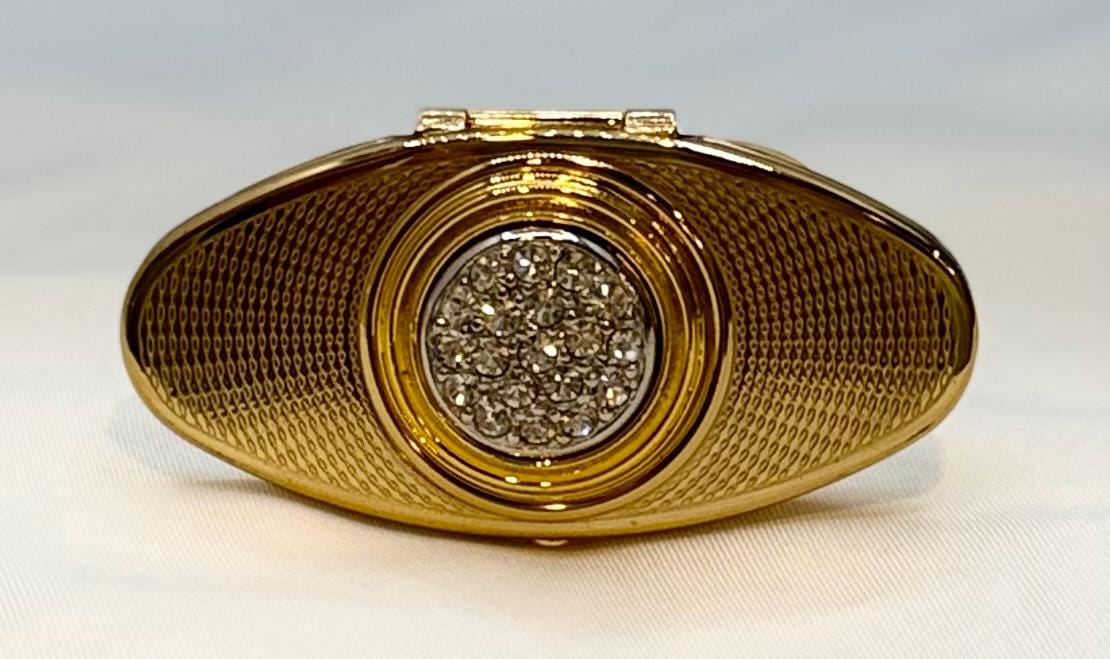 Rare Gold Enamel Floral Heart Filigree Detailed Vintage Lip Balm Mirror Ring