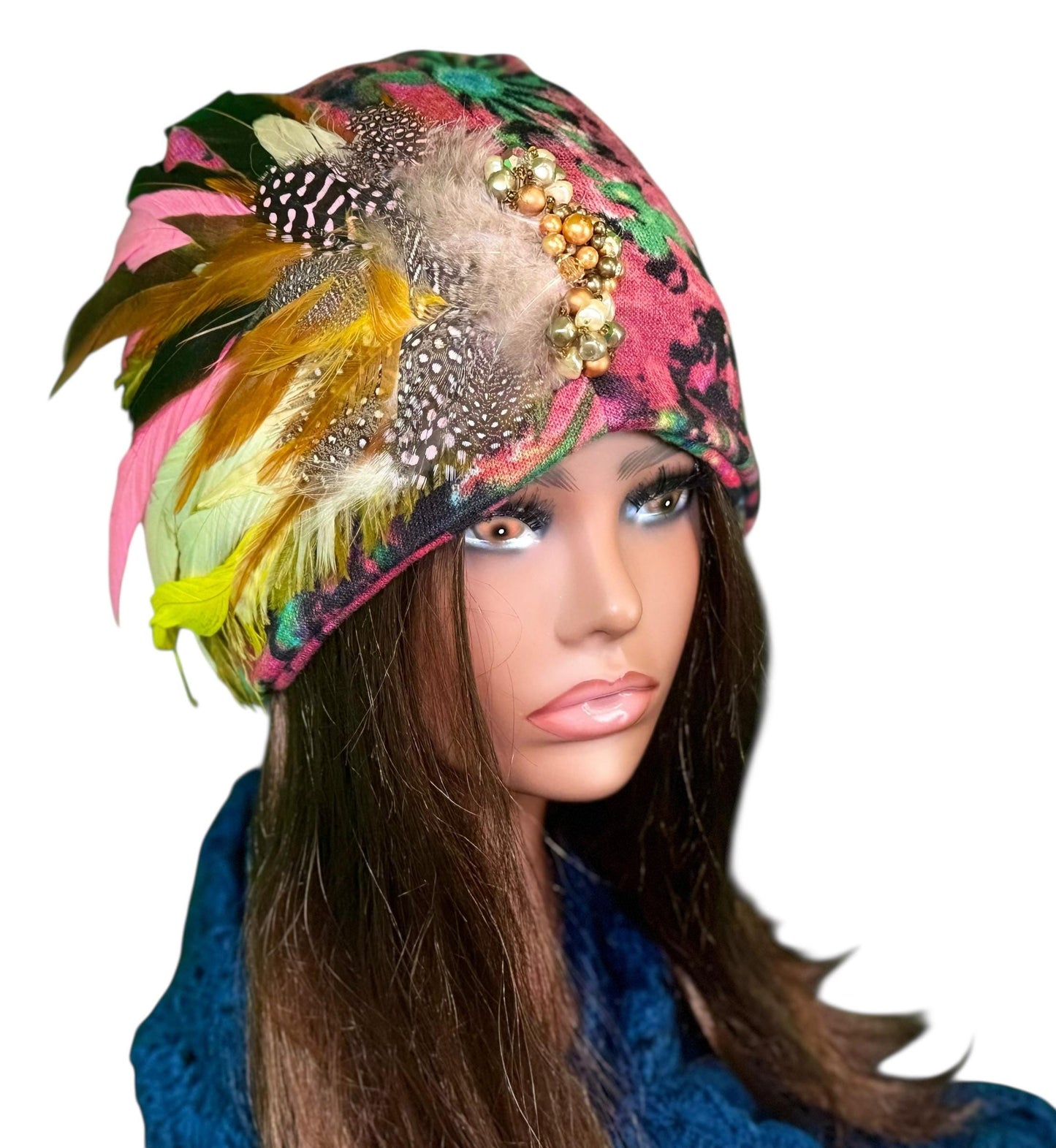 Fancy Feathered Jeweled Beanie Hat - Floral Winter Flapper Beanie - Luxury Skiing Hat
