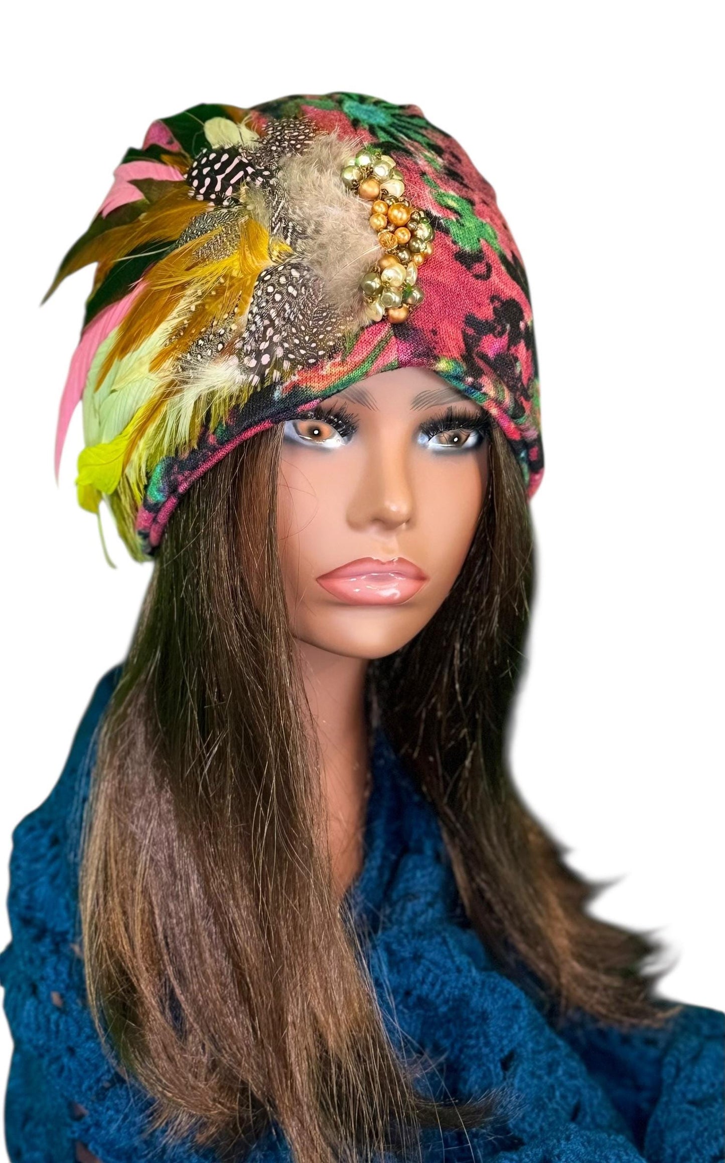 Fancy Feathered Jeweled Beanie Hat - Floral Winter Flapper Beanie - Luxury Skiing Hat