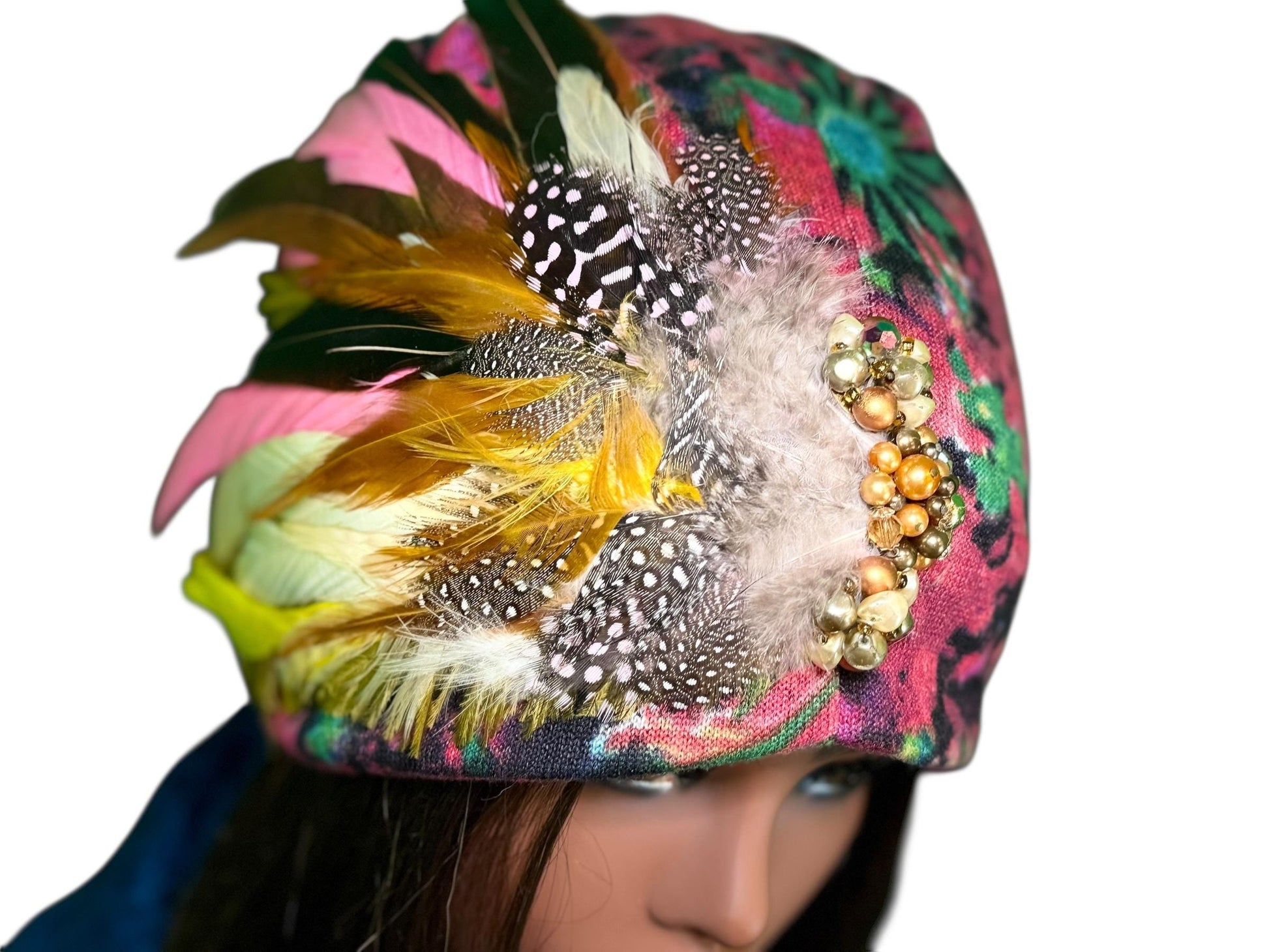 Fancy Feathered Jeweled Beanie Hat - Floral Winter Flapper Beanie - Luxury Skiing Hat