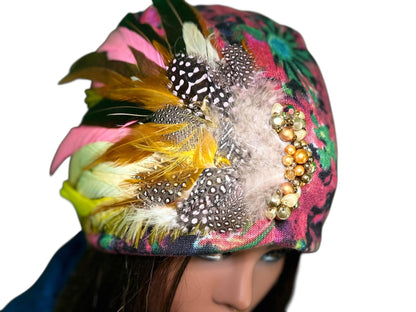 Fancy Feathered Jeweled Beanie Hat - Floral Winter Flapper Beanie - Luxury Skiing Hat