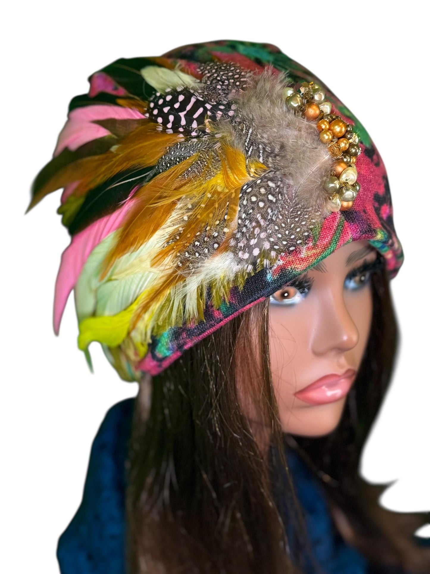 Fancy Feathered Jeweled Beanie Hat - Floral Winter Flapper Beanie - Luxury Skiing Hat