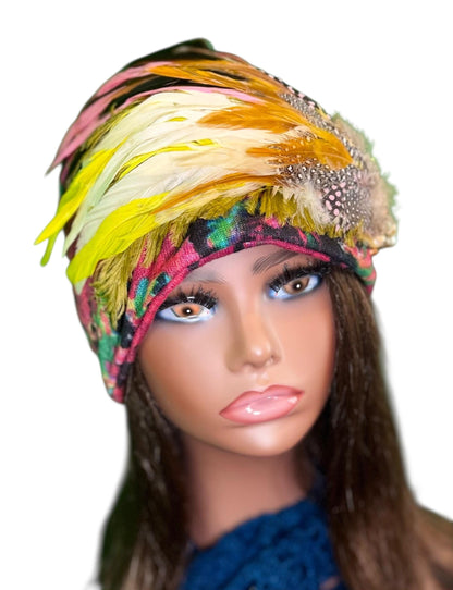 Fancy Feathered Jeweled Beanie Hat - Floral Winter Flapper Beanie - Luxury Skiing Hat