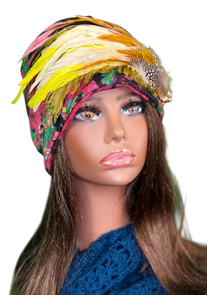 Fancy Feathered Jeweled Beanie Hat - Floral Winter Flapper Beanie - Luxury Skiing Hat