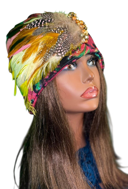 Fancy Feathered Jeweled Beanie Hat - Floral Winter Flapper Beanie - Luxury Skiing Hat