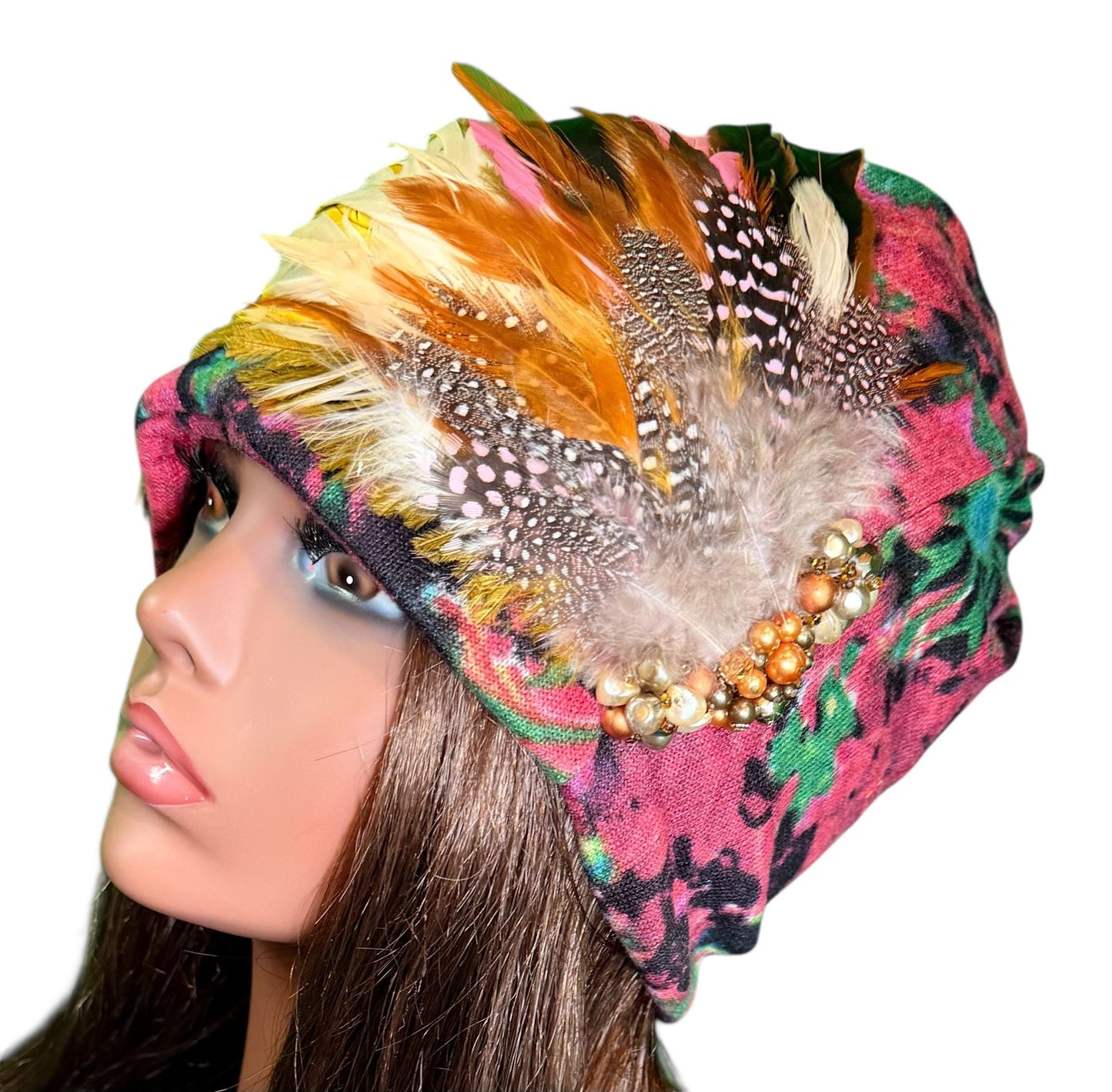 Fancy Feathered Jeweled Beanie Hat - Floral Winter Flapper Beanie - Luxury Skiing Hat