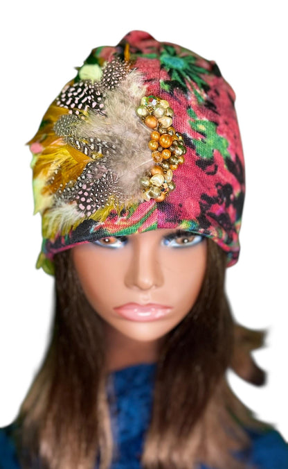 Fancy Feathered Jeweled Beanie Hat - Floral Winter Flapper Beanie - Luxury Skiing Hat