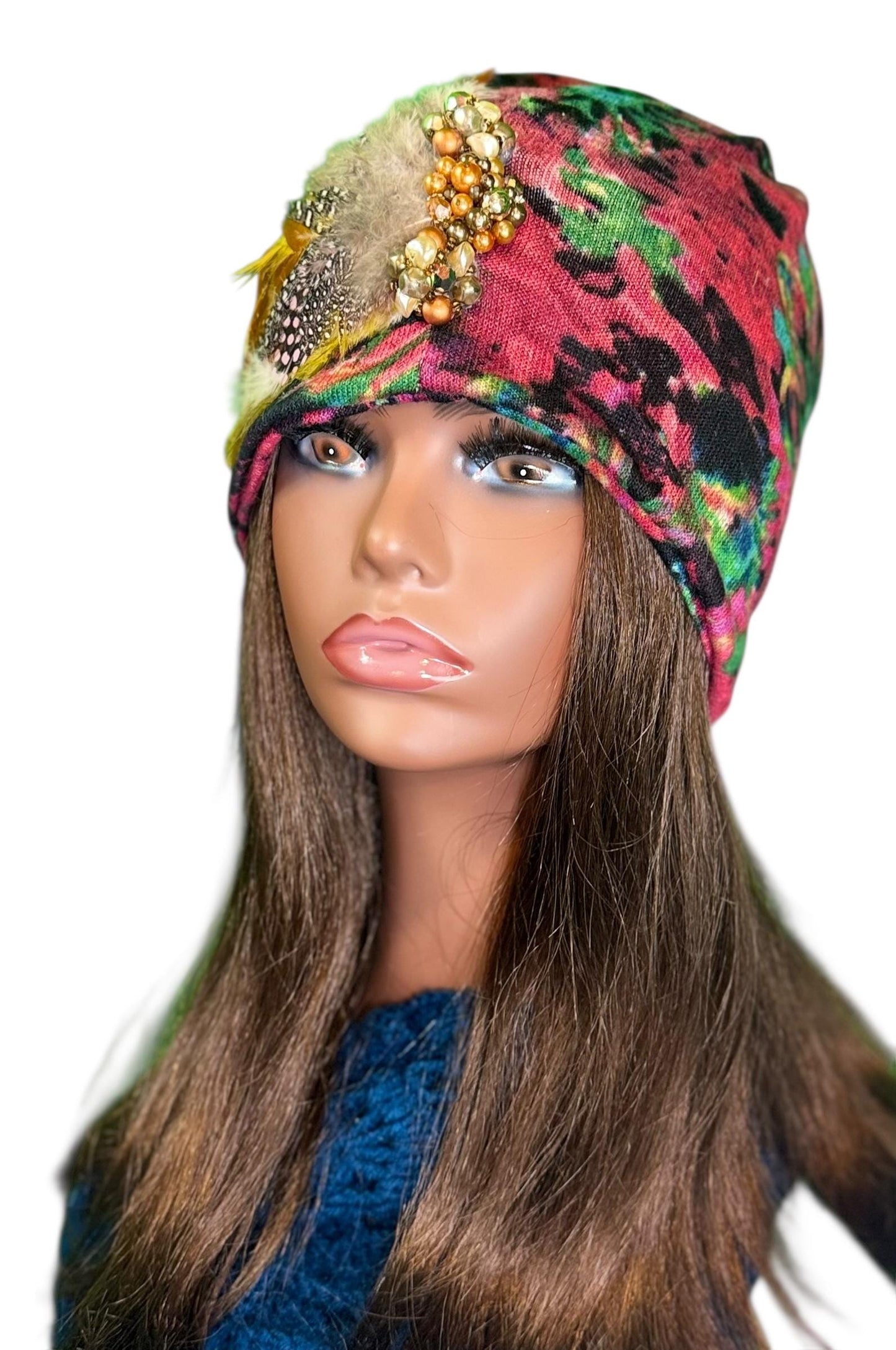 Fancy Feathered Jeweled Beanie Hat - Floral Winter Flapper Beanie - Luxury Skiing Hat